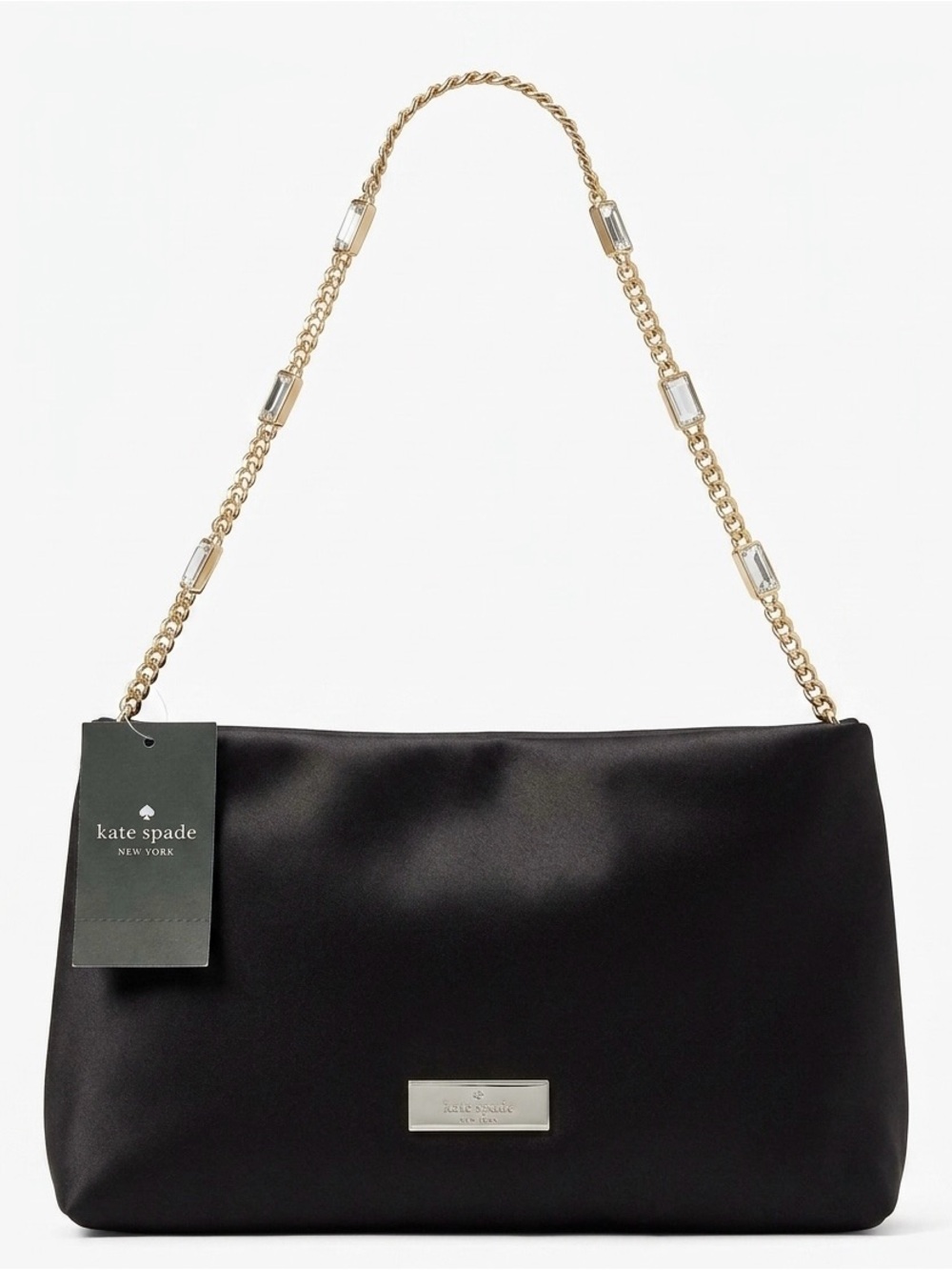 Kate Spade Anya Black Satin Shoulder Bag with Gold Chain Accents & Gems — NWT!